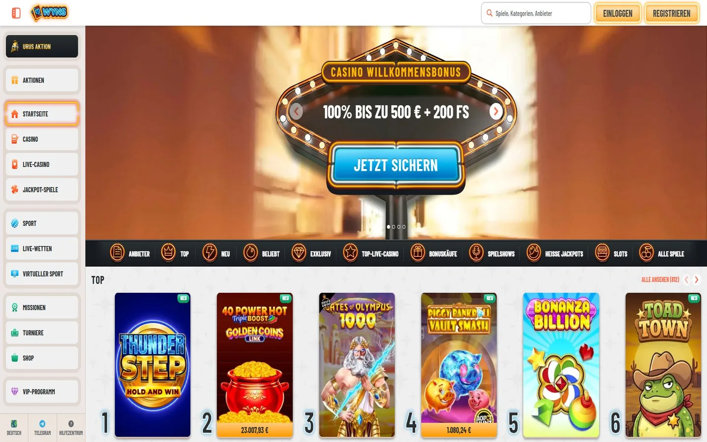Wyns-Startseite mit Willkommensbonus, Seitennavigation und geladenen Casino-Spielen