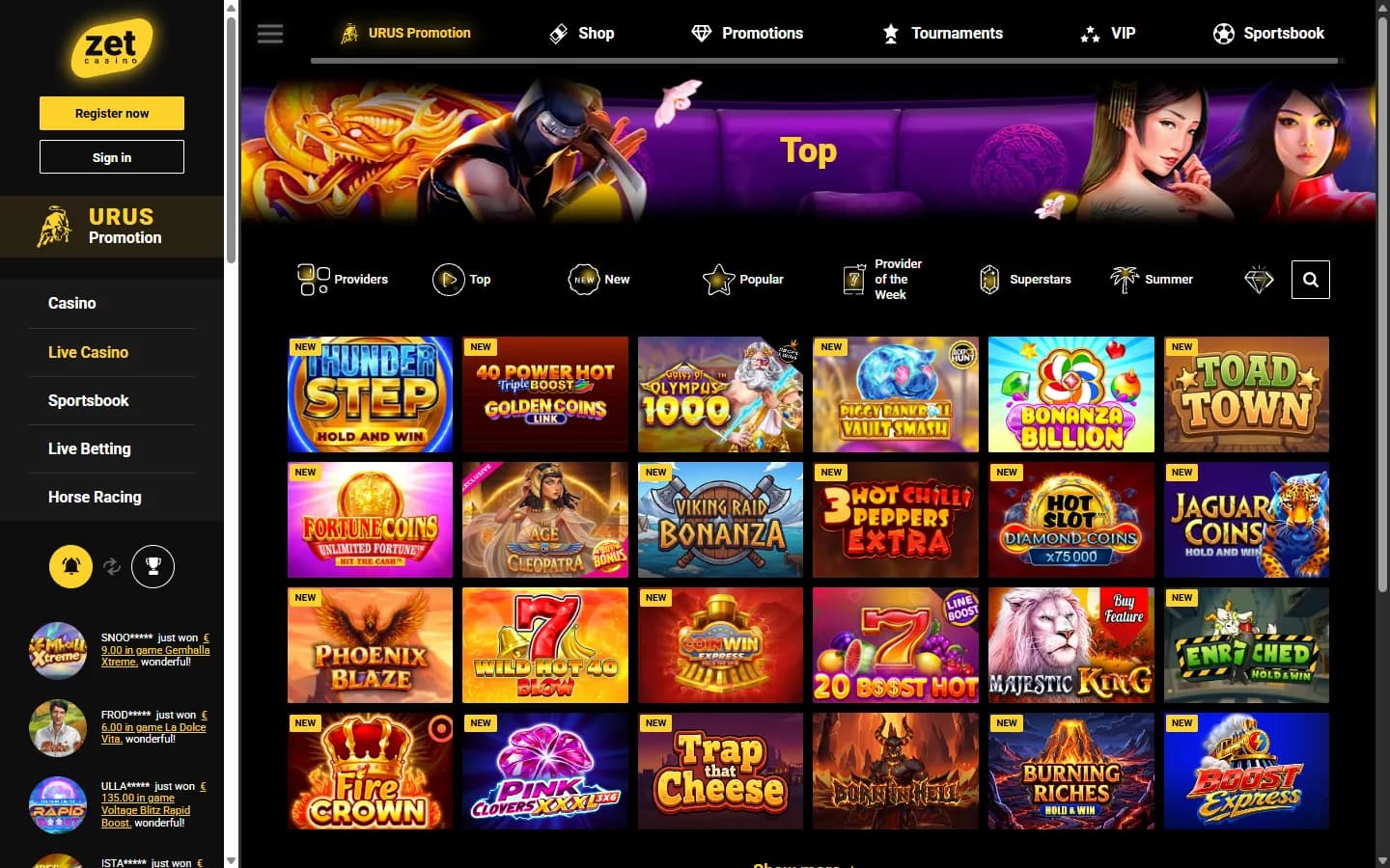 Öffentliche ZetCasino-Casino-Lobby mit geladenen Spielen, Kategorien und sichtbarer Navigation.