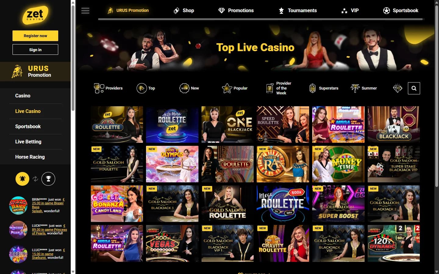 Öffentlicher ZetCasino-Live-Casino-Bereich mit geladenen Roulette- und Blackjack-Spielen.