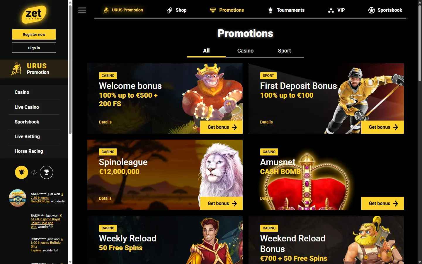 Öffentliche ZetCasino-Promotions mit geladenen Casino- und Sportangeboten.