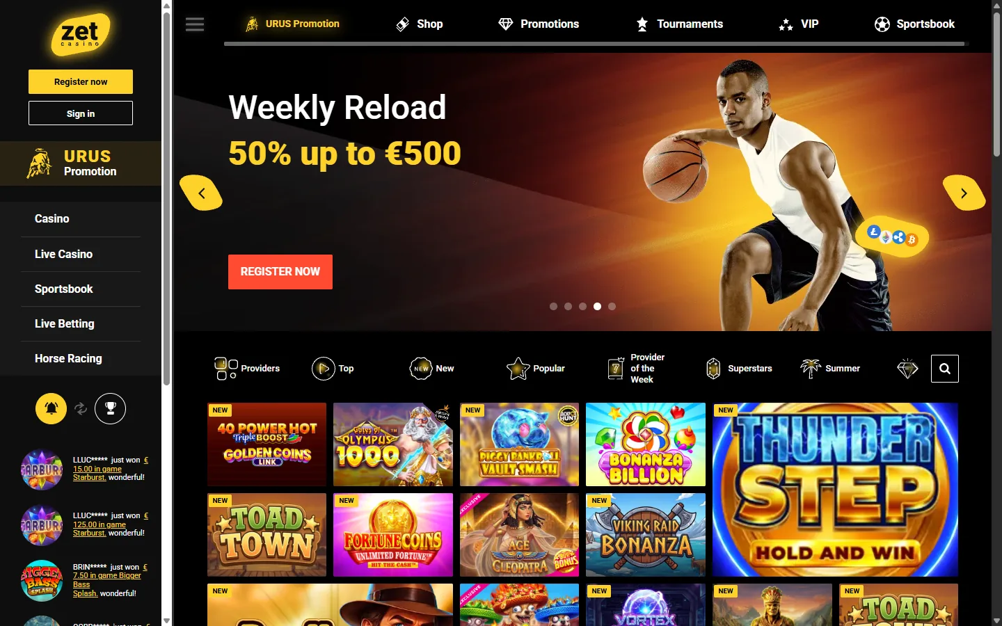 Öffentliche ZetCasino-Startseite mit geladenem Banner, Spielkacheln und sichtbarer Navigation.